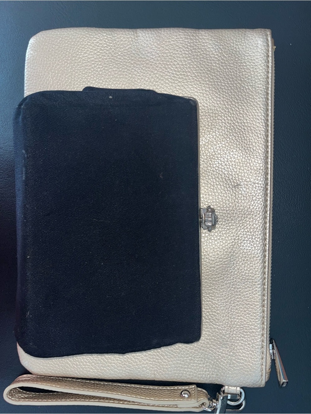Gold Leather Wristlet Clutch with Black Suede Accent